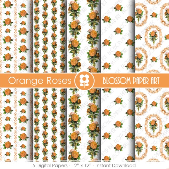 Orange Scrapbook Paper Roses Digital Paper Pack Vintage