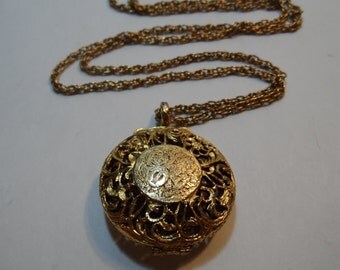 Art Nouveau Style Musical Instraments Open Work Floral Filigree Goldtone Reversible Solid Perfume Locket Medallion 30" Rope Chain Necklace
