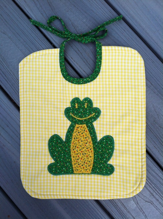 Baby Bib - Yellow and Green Appliqué Frog Bib - vintage gingham and calico - Ready to Ship