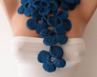 Winter Chic - Handknit flowered scarf - Dark Blue Scarf