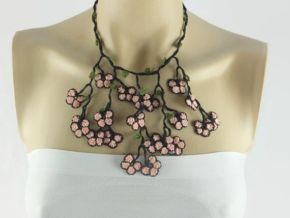 Crochet Statement necklace, Salmon  and black, Oya flowers Vegan friendly Bohemian Jewelry,  Christmas Gift Ideas for Her
