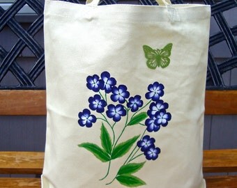 Tote Bag Hand Painted With Blue Flowers and A Green Butterfly Charm, Tote Bag, Teacher Gift, Mothers Day Gift, Gifts For Her