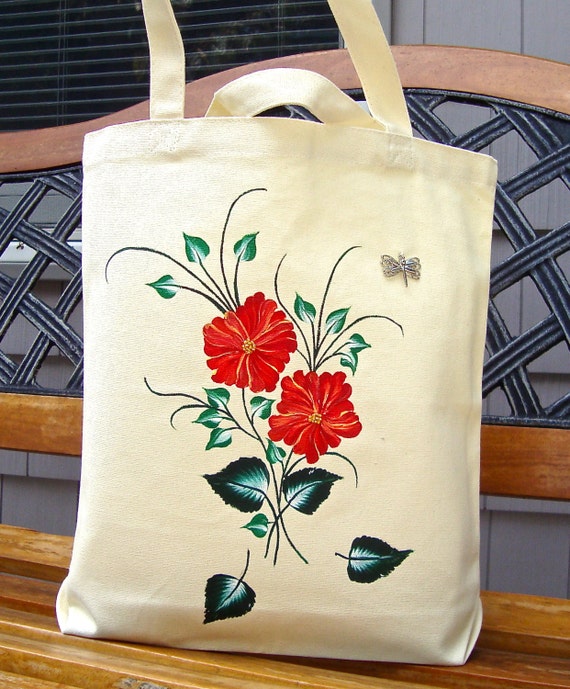 CLEARANCE SALE Hand Painted Tote Bag With Orange Flowers and A