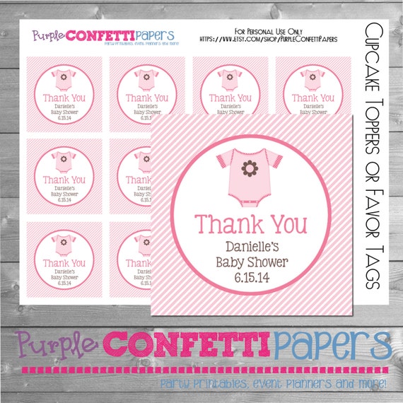 Personalized Baby Onsie Pink & White Printable Baby Shower Custom Cupcake Toppers, Favor Tags, Thank You, Stickers - DIY Il_570xn