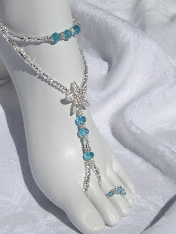 1 PAIR Blue Crystal Barefoot Sandals Bridal Jewelry Rhinestone