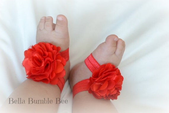Items similar to Small Red Baby Barefoot Shabby Flower Sandals for ...