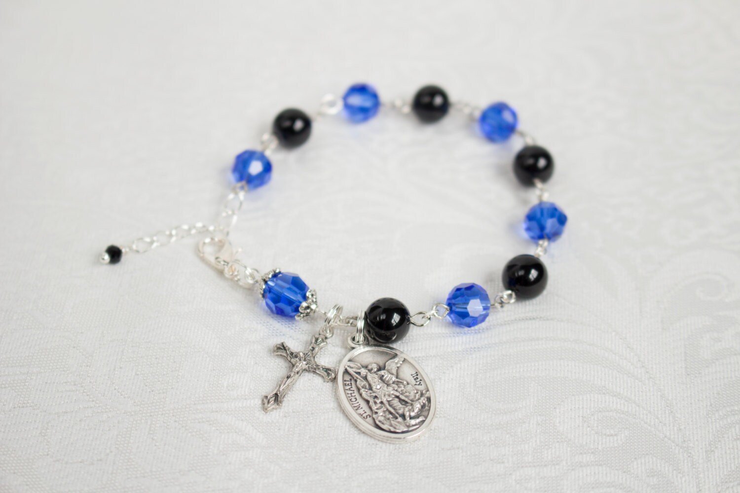 St Michael black and blue catholic rosary bracelet Thin Blue