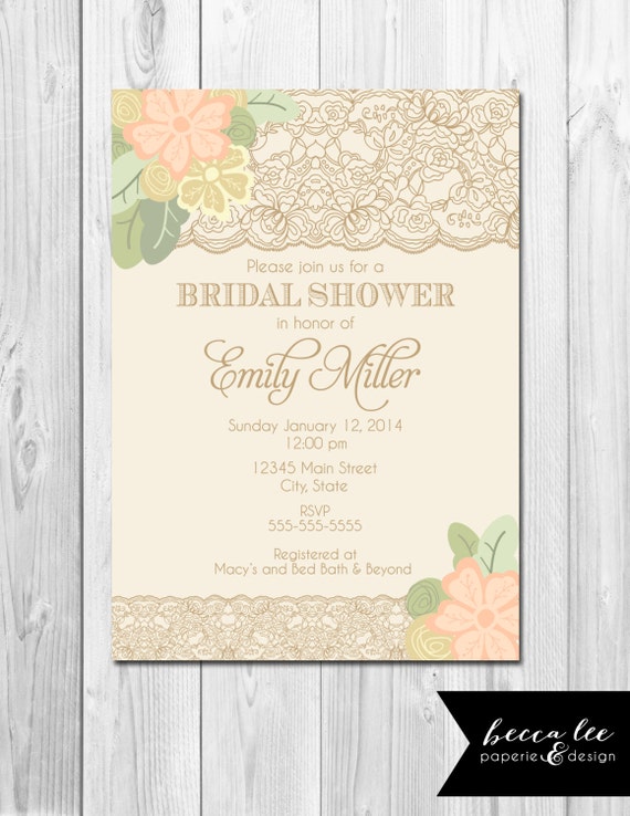 Floral Lace Bridal Shower Invitation - Cream Gold and Light Peach with Green Leaves - DIY - Printable Il_570xn