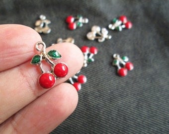 Cherry Charms 12 pcs LOW SHIPPING Enamalized new year green red Fruit charm CT - 0099