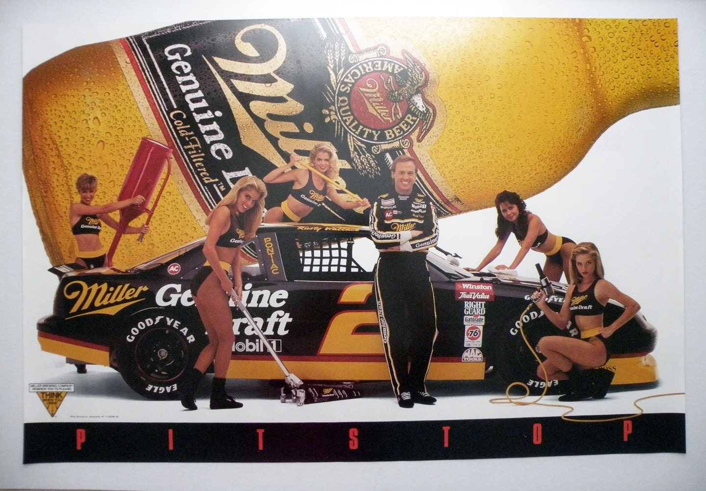 Download Vintage NASCAR Poster Rusty Wallace Miller Genuine Draft 80s