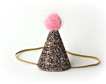 Ready to Ship Rainbow Confetti Glitter First Birthday Party Hat Cone Hat Glitter Fabric