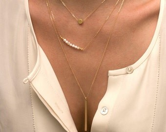 Gold Layer Necklaces with Vertical Bar and Pearl Necklace / Bridesmaids Necklaces / 14K Gold Fill and Pearl Layered and Long Necklaces LS913