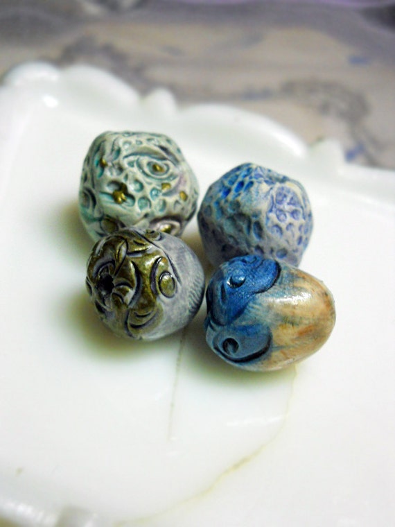 Polymer Clay Beads - 4 Rustic Glazed Beads -  Textured Rounds & Nuggets, Turquoise, Blue, Metallic Gold - Fancy Ornate Caps