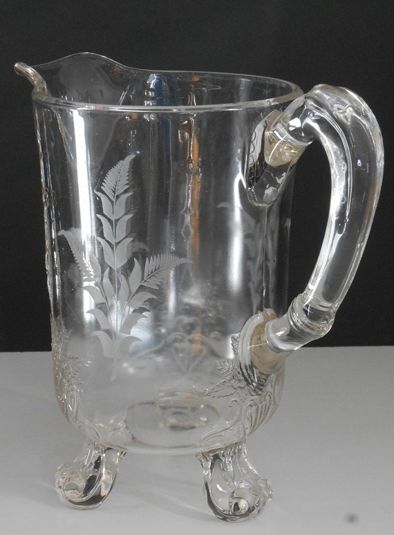 Antique 1900s Etched Glass Water Pitcher 6663