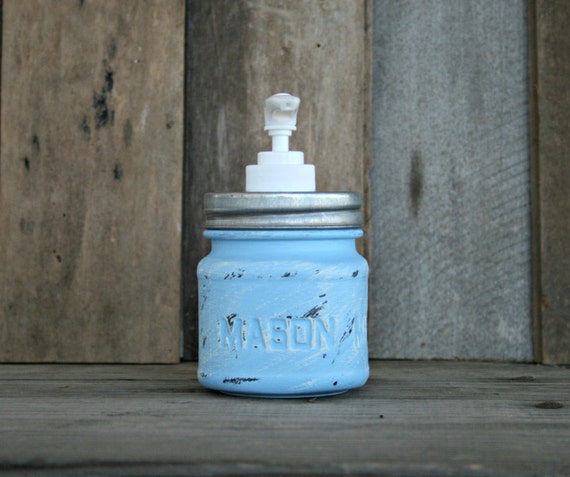 Mason Jar Soap Dispenser - Painted in Baby Blue and Distressed - Rustic, Country, Shabby Chic, Farmhouse, Vintage Style