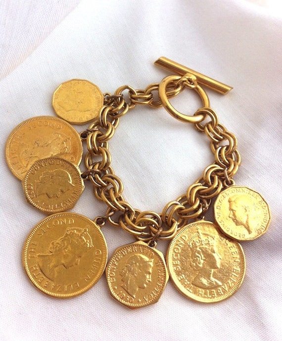 Awesome Sixties Vintage Gold plated Coin Charm Bracelet
