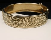 Embossed Floral Design Hinged Bangle Bracelet Vintage