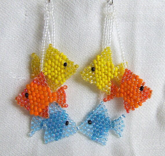 Items similar to Beaded Fish Long Dangle earrings Orange, Blue, and