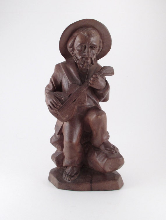 WOOD CARVED MAN Playing Guitar Large Figurine by TREASUREandSUCH