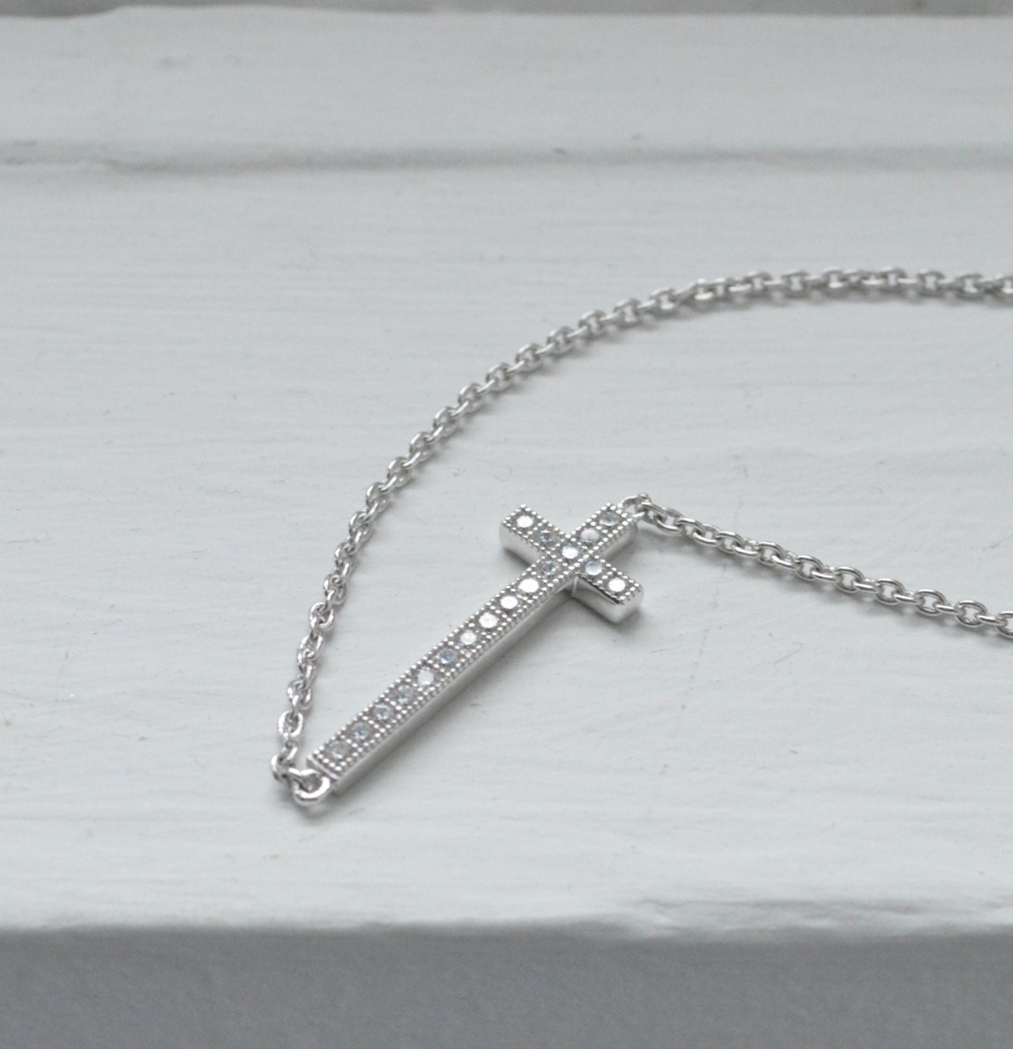 Sideways Cross Necklace Thin Silver Cross Micro Pave Cross