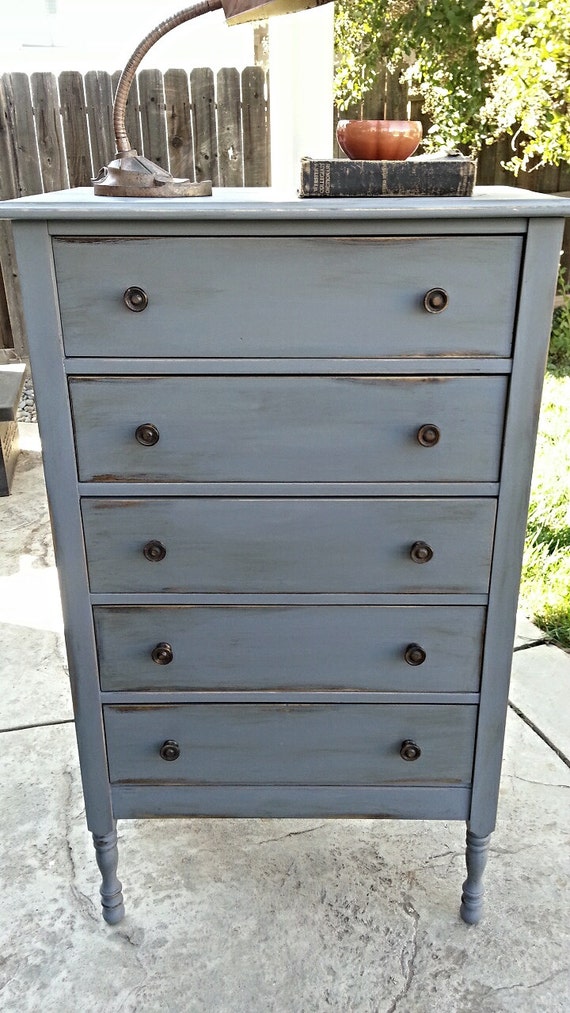 Grey Distressed Farmhouse Dresser 5 Drawer Highboy Chest
