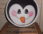 Handpainted 6 inch ROUND Wooden whimsical Penguin Bowl, Winter Decor, Small bowl to fill with Candy that can be a Fun Gift for a friend