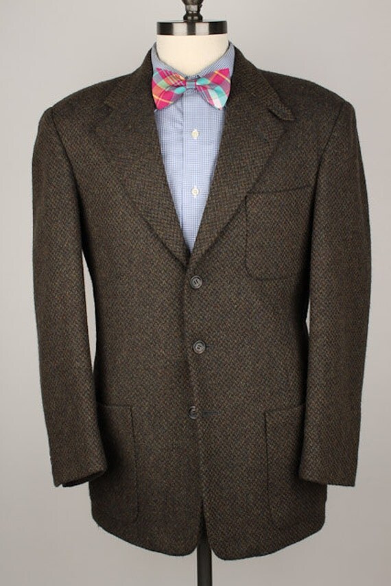 Dark Brown Mens Tweed Jacket L.L. Bean Vintage Olive Weave