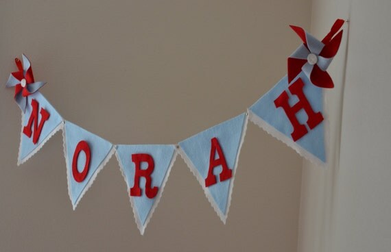 Pinwheel Red White & Blue Felt / Custom Baby Name Banner / Birthday Baby Shower Decor / Other Colors Available / Handmade Party Banners Il_570xn