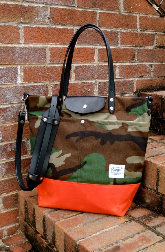 Waxed Canvas Tote Bag with Leather Handles/Shoulder Strap/Closure - Large Camo & Orange Color ...