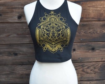 Golden Sacred Geometric Honey Bee - Black Fitted Crop Top - Women's Sacred Geometry Clothing - Yoga Wear - Honeycomb - Festival Clothing
