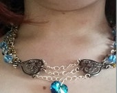 3 Tier Swarovksi Blue Crystal Heart Necklace with Black Filigree Stampings and Beads