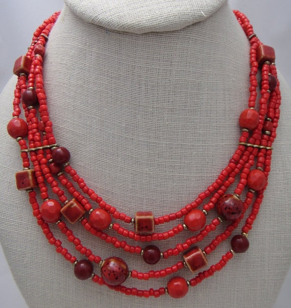 Items similar to Red Multistrand Glass Beads Necklace- Signature ...