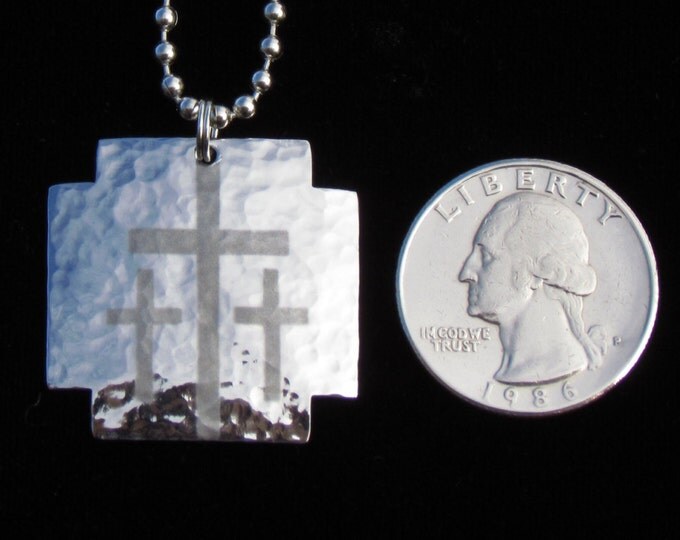 Silver Iron Cross Calvary 3 Cross Necklace Pendant Hand Hammered Mens Boys Christian Jewelry - Saint Michaels Jewelry - Calvary Three Cross