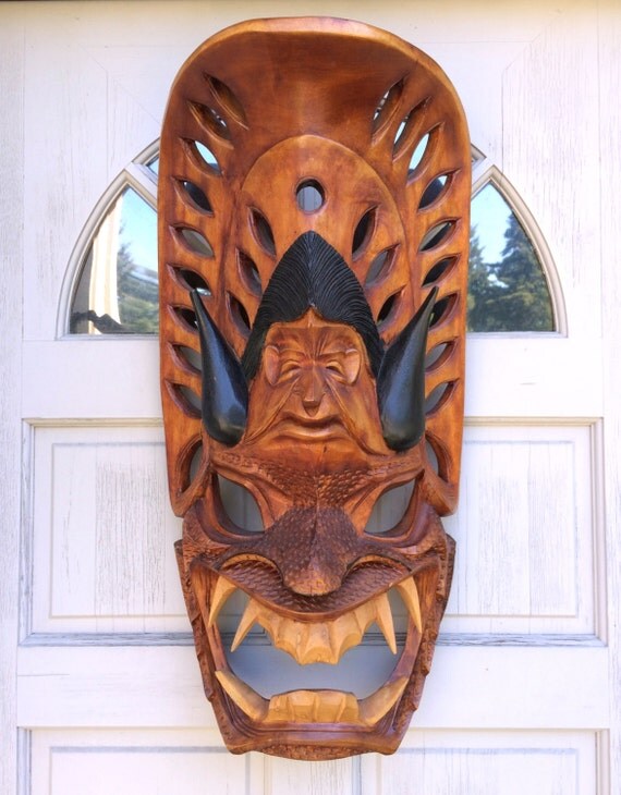 Large Vintage Carved Wood Tribal Devil Mask Wall by PrimaTreasures