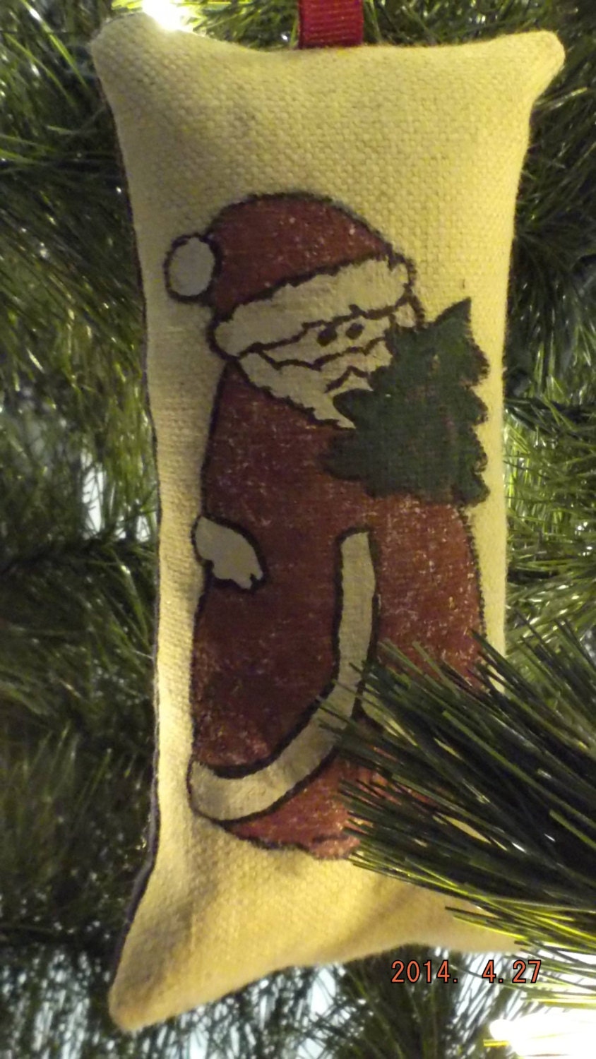 Primitive Father Christmas in Burgundy Robe with Tree Stenciled Pillow Christmas Tree Ornament FREE SHIPPING!