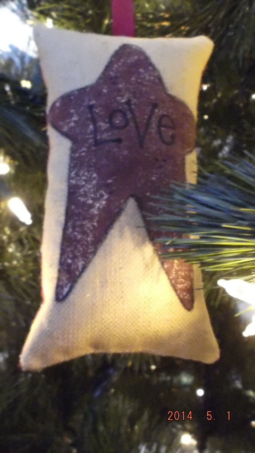 Primitive Burgundy Star "Love" Stenciled Pillow Christmas Tree Ornament FREE SHIPPING!