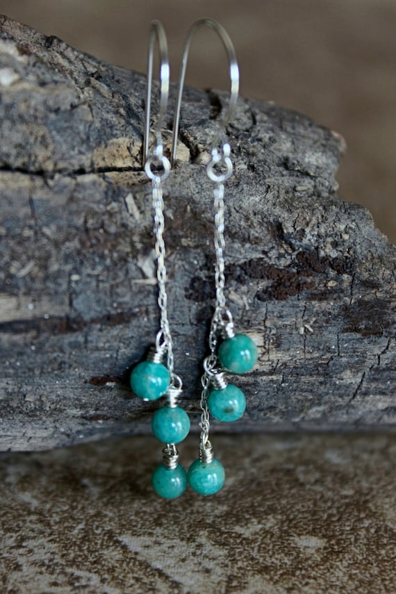 Green Amazonite Gemstone Dangle Earrings Sterling by NolaFair