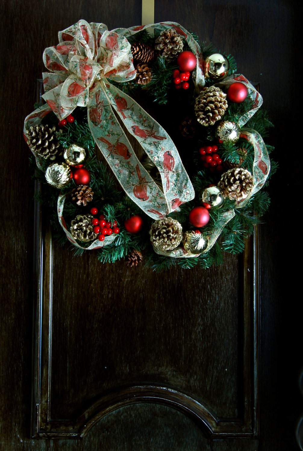 Beautiful 22" Red and Gold Artificial Pine Christmas Wreath with Cardinal Wire Ribbon