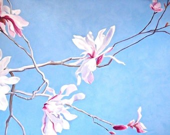 Star Magnolia Original Botanical Painting Acrylic on Canvas 15"x30"