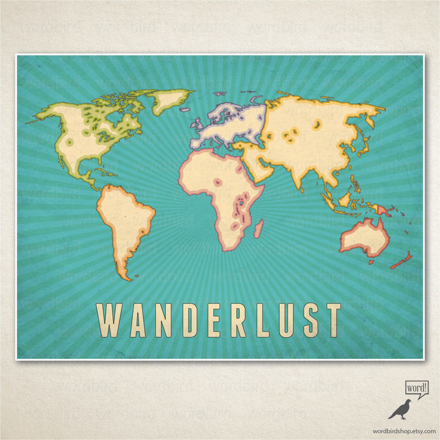 Wanderlust original vintage-styled world map poster / sun rays