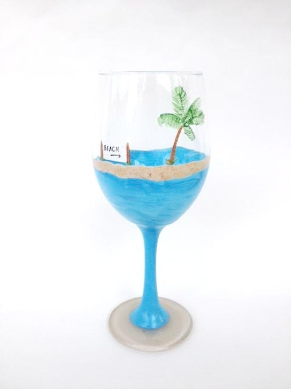 Beach Palm Tree hand painted wine glass by CrystalsGlassDesigns