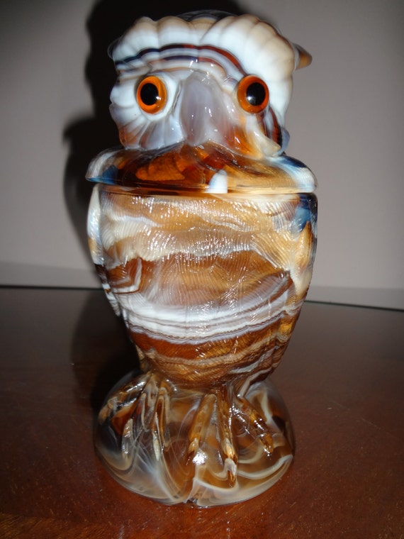 Authentic Imperial Glass Slag Owl Jar & Cover in Glossy