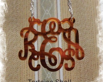 Acrylic Monogram Jewelry - Vine Monogram 3 Initial Name Laser cut Acrylic monogram necklace - Tortoise Shell Necklace