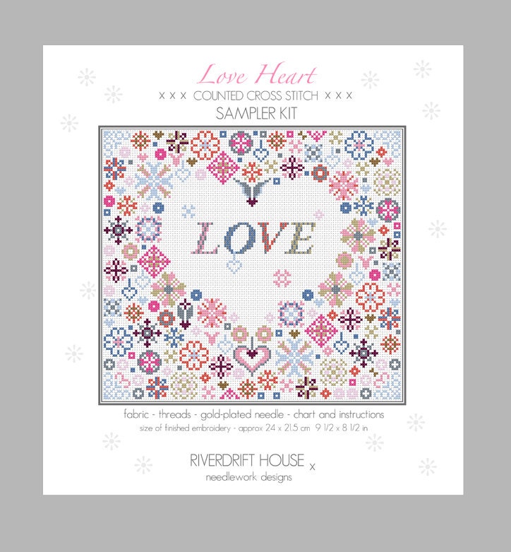 LOVE HEART Counted Cross Stitch Sampler Kit by Riverdrift