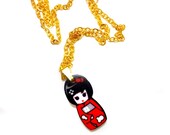 Cute colorful kokeshi doll // Japanese doll // Acrylic laser cut pendant charm necklace. Available in blue, green, red, purple yellow colors
