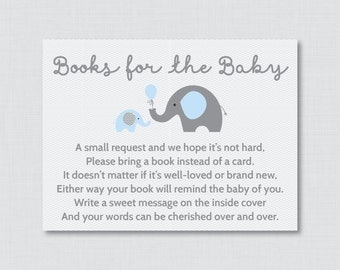 Elephant Baby Shower Bring a Book Instead of a Card Invitation Inserts - Instant Download - Blue and Gray Boy Baby Shower - Elephant 0024-B
