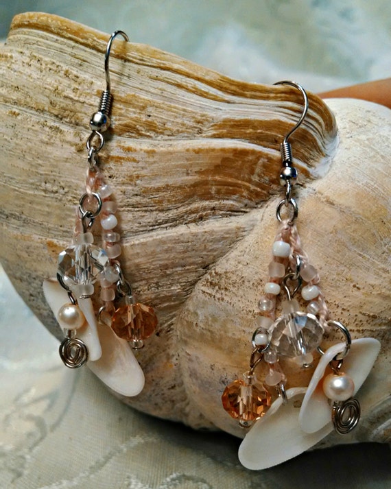 Items similar to Sea Shell & Crystal Crochet Earrings, Coquina Shell