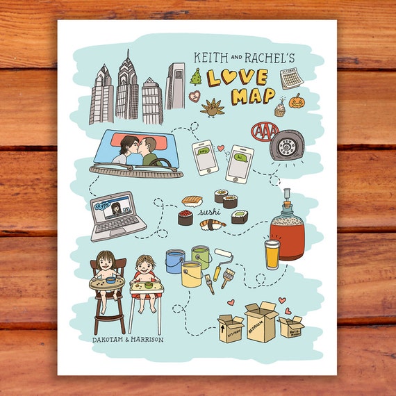 Custom Illustrated Love Map Wall Art 11x14 by LoveMachineStudios