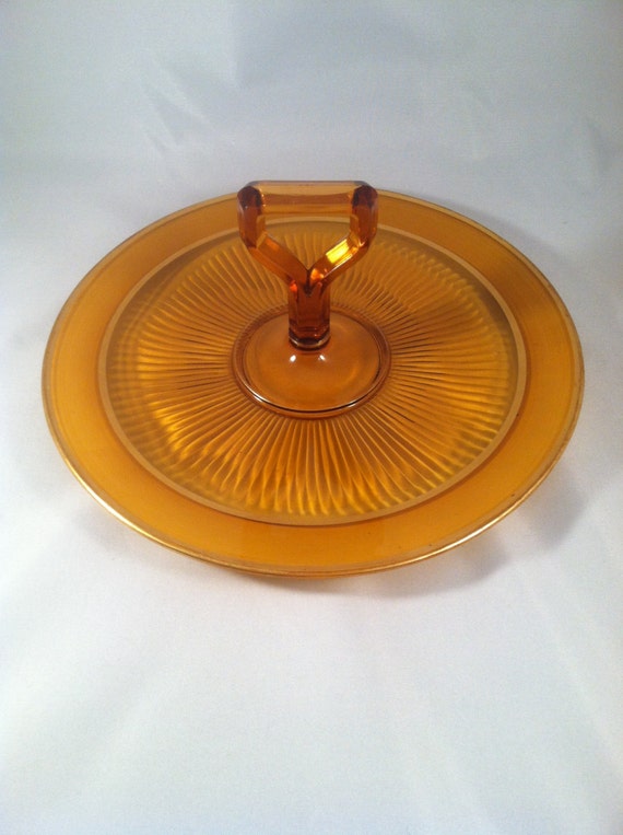 Amber Depression Glass Sandwich Tray Adams Rib Diamond Glass