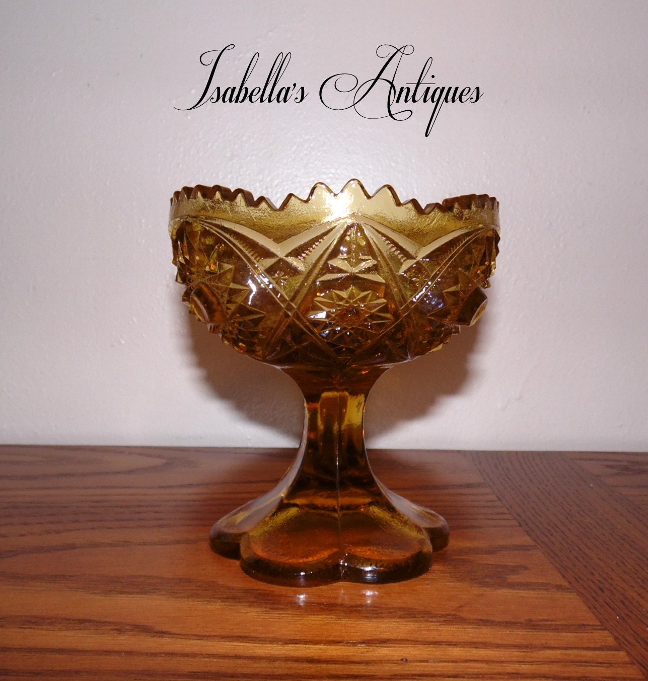 Vintage Amber Colored Cut Glass Pedestal Bowl Beautiful Table